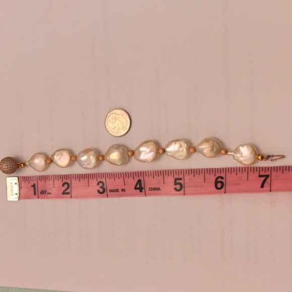 Lustrous Baroque Pearl& Rose Gold Bead Bracelet, Crystal Ball Clasp, 7", New - Picture 8 of 10